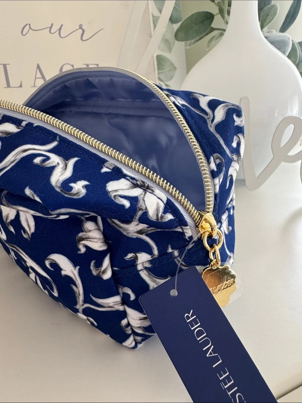 Estee Lauder Navy Blue & White Floral Cosmetic Pouch with Gold Zipper